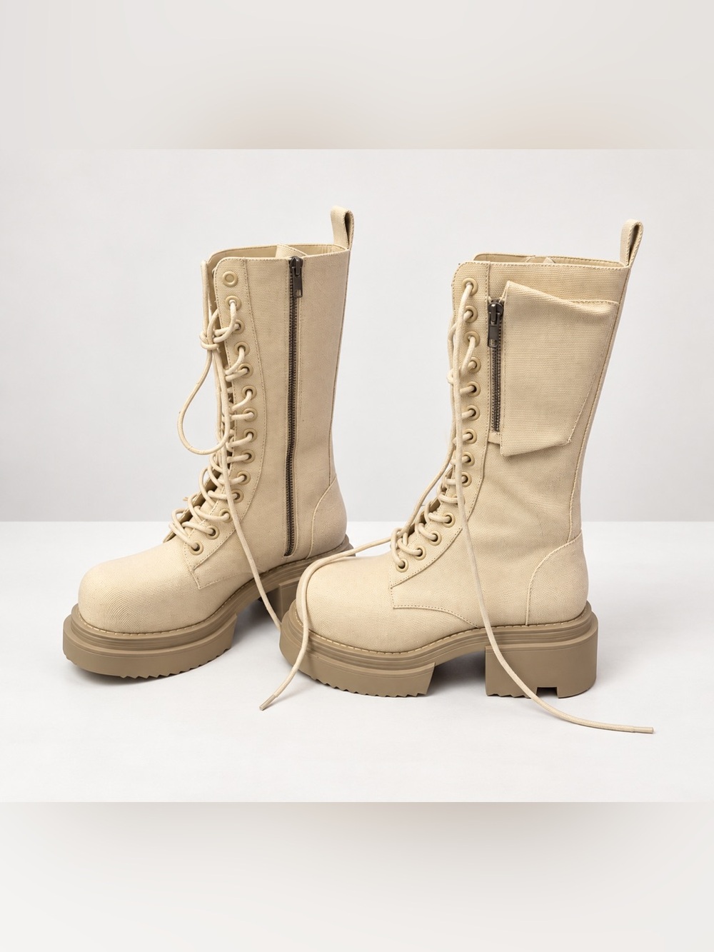 Dolls Kill Beige Canvas Platform Combat Boots Size 9 Utility Pocket Lace Up